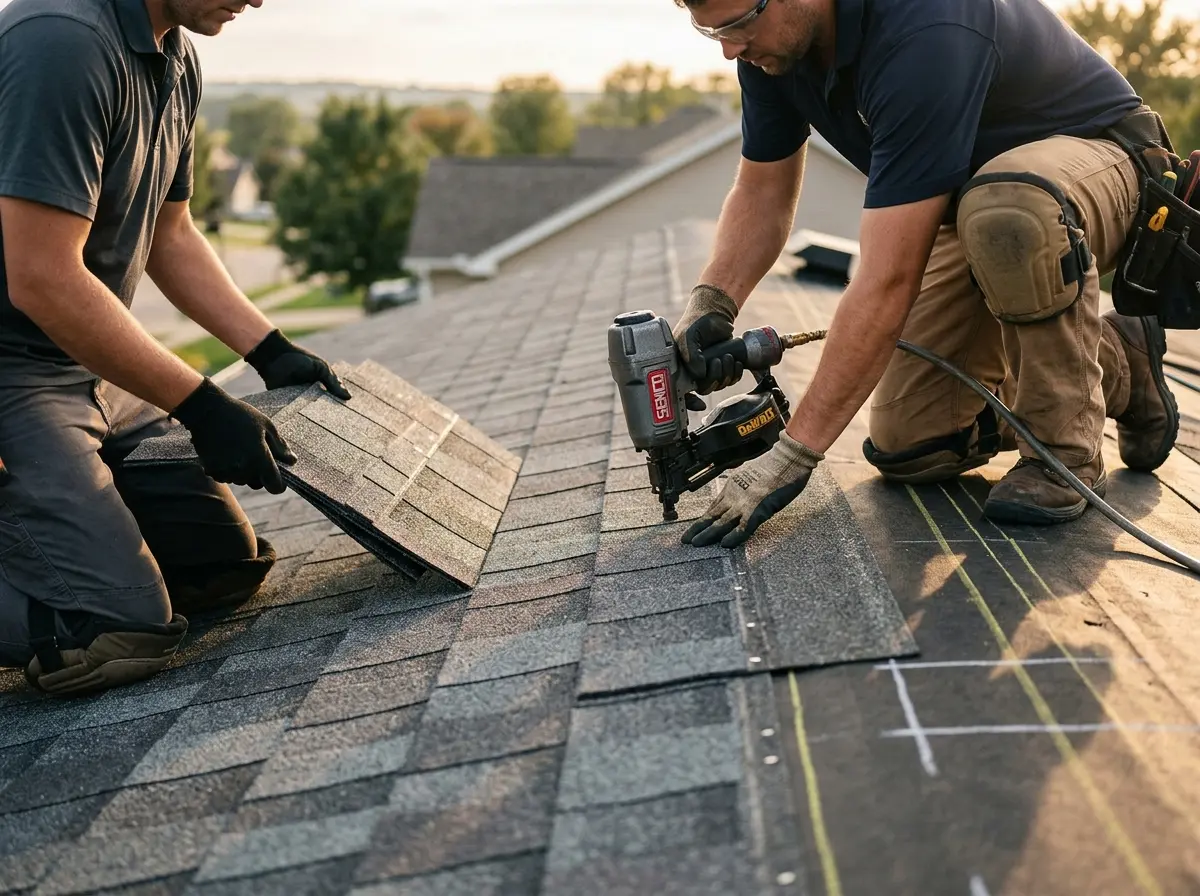 Professional roofer working on a residential roof in Greer
